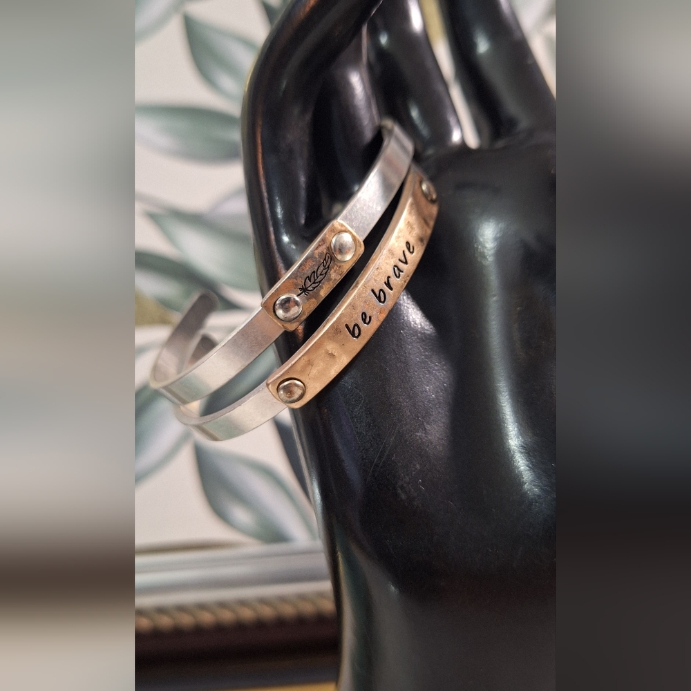 Be Brave Two-Tone Inspirational Cuff Bracelet - Silver/Copper Tone Set/2